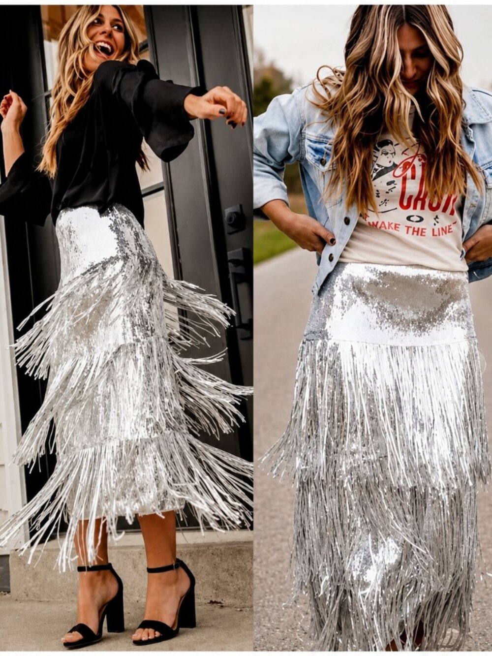 🖤💥UBER STUNNING!🖤💥Roaring 20s Vibe Tatiana Fringed Sequin Skirt in Silver - Picture 3 of 15